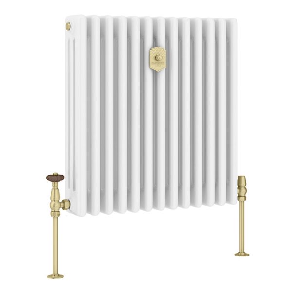 Chatsworth 600 x 605mm Cast Iron Style 3 Column White Radiator   Brushed Brass Wall Stay Bracket and Thermostatic Valves - Image 7