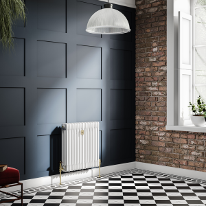 Chatsworth 600 x 605mm Cast Iron Style 3 Column White Radiator   Brushed Brass Wall Stay Bracket and Thermostatic Valves