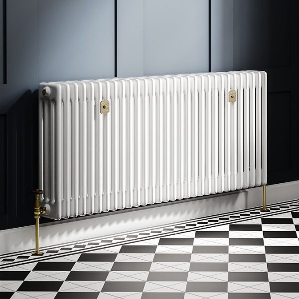 Chatsworth 600 x 1370mm Cast Iron Style 4 Column White Radiator   Brushed Brass Wall Stay Brackets and Thermostatic Valves - Image 2