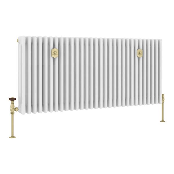 Chatsworth 600 x 1370mm Cast Iron Style 4 Column White Radiator   Brushed Brass Wall Stay Brackets and Thermostatic Valves - Image 7