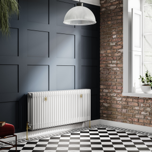Chatsworth 600 x 1370mm Cast Iron Style 4 Column White Radiator   Brushed Brass Wall Stay Brackets and Thermostatic Valves