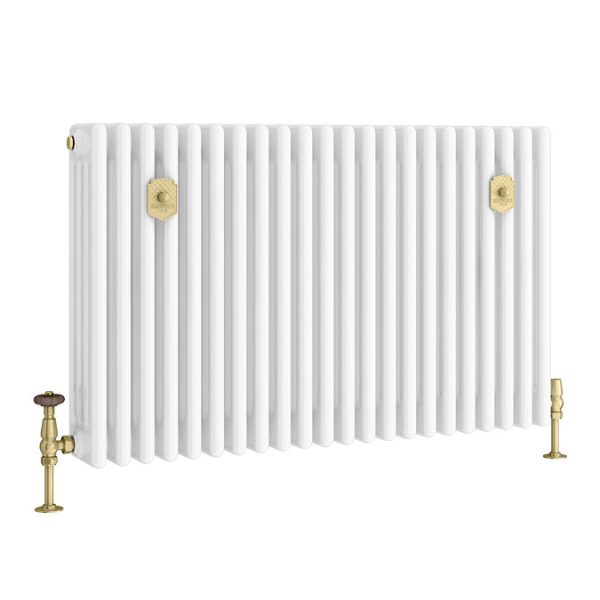 Chatsworth 600 x 1010mm Cast Iron Style 4 Column White Radiator   Brushed Brass Wall Stay Brackets and Thermostatic Valves - Image 7