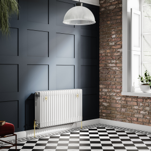 Chatsworth 600 x 1010mm Cast Iron Style 4 Column White Radiator   Brushed Brass Wall Stay Brackets and Thermostatic Valves