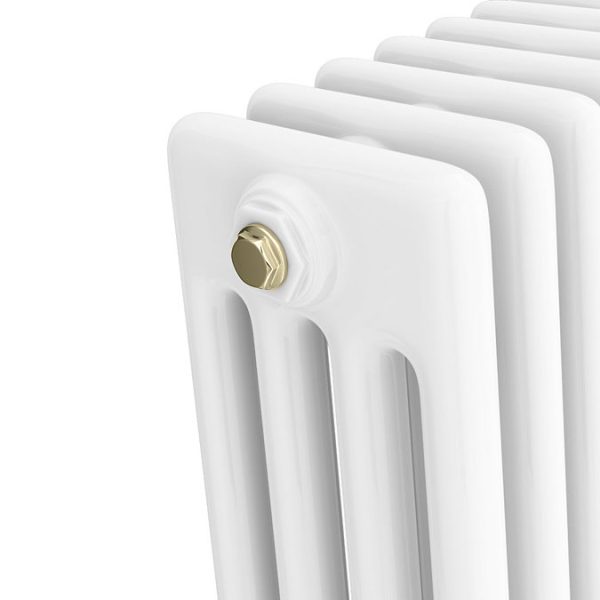 Chatsworth 600 x 605mm Cast Iron Style 4 Column White Radiator   Brushed Brass Wall Stay Bracket and Thermostatic Valves - Image 6
