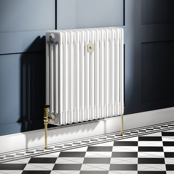 Chatsworth 600 x 605mm Cast Iron Style 4 Column White Radiator   Brushed Brass Wall Stay Bracket and Thermostatic Valves - Image 2
