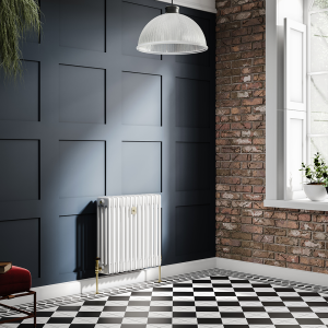 Chatsworth 600 x 605mm Cast Iron Style 4 Column White Radiator   Brushed Brass Wall Stay Bracket and Thermostatic Valves