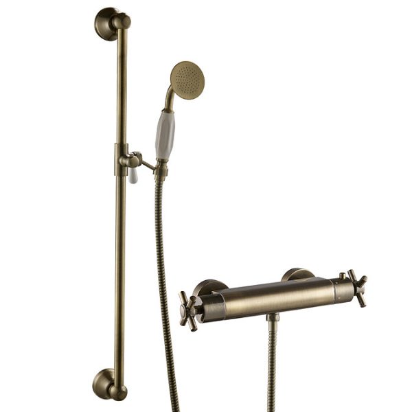 Chatsworth Antique Brass Traditional Crosshead Shower Bar Valve + Slider Rail Kit - Image 3