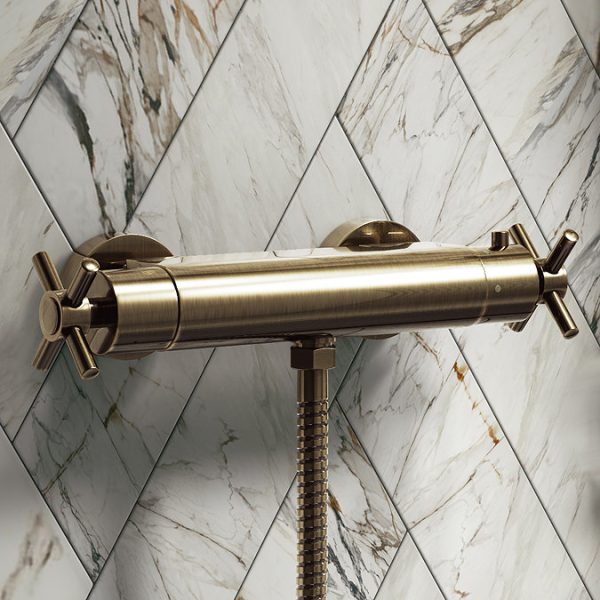 Chatsworth Antique Brass Traditional Crosshead Shower Bar Valve + Slider Rail Kit - Image 4