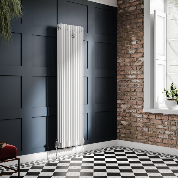 Chatsworth 1800 x 470mm Cast Iron Style 3 Column White Radiator   Chrome Wall Stay Bracket and Thermostatic Valves