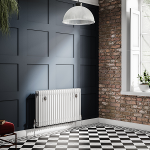 Chatsworth 600 x 1010mm Cast Iron Style 3 Column White Radiator   Chrome Wall Stay Brackets and Thermostatic Valves