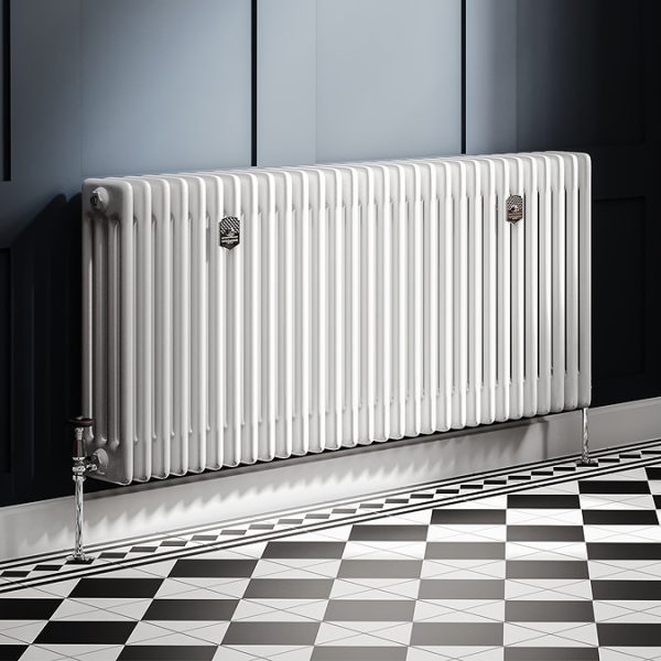 Chatsworth 600 x 1370mm Cast Iron Style 4 Column White Radiator   Chrome Wall Stay Brackets and Thermostatic Valves - Image 2
