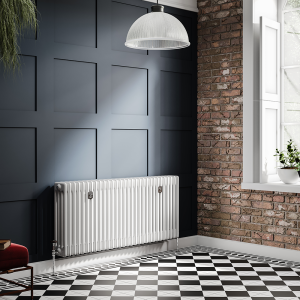 Chatsworth 600 x 1370mm Cast Iron Style 4 Column White Radiator   Chrome Wall Stay Brackets and Thermostatic Valves