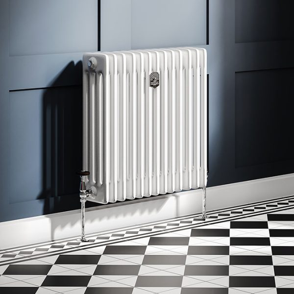 Chatsworth 600 x 605mm Cast Iron Style 4 Column White Radiator   Chrome Wall Stay Bracket and Thermostatic Valves - Image 2