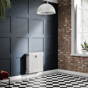 Chatsworth 600 x 605mm Cast Iron Style 4 Column White Radiator   Chrome Wall Stay Bracket and Thermostatic Valves