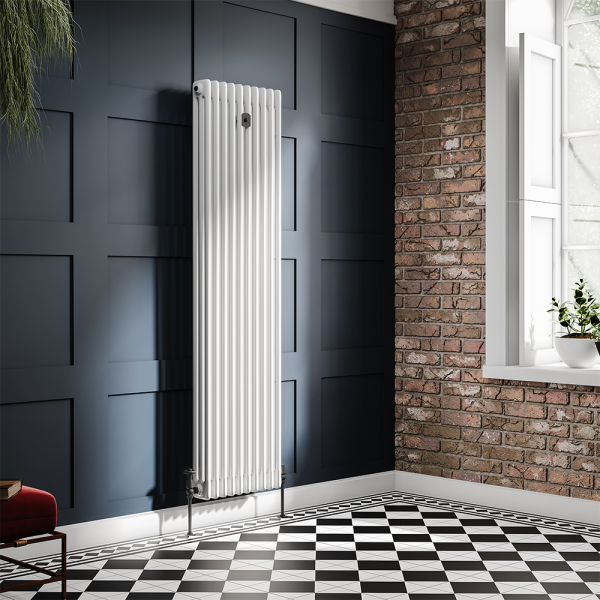 Chatsworth 1800 x 470mm Cast Iron Style 3 Column White Radiator   Matt Black Wall Stay Bracket and Thermostatic Valves