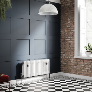 Chatsworth 450 x 1010mm Cast Iron Style 3 Column White Radiator   Matt Black Wall Stay Brackets and Thermostatic Valves