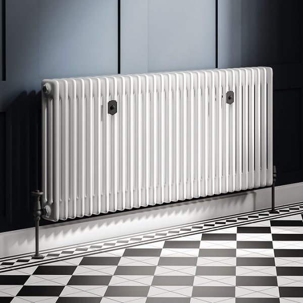 Chatsworth 600 x 1370mm Cast Iron Style 3 Column White Radiator   Matt Black Wall Stay Brackets and Thermostatic Valves - Image 8