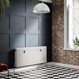 Chatsworth 600 x 1370mm Cast Iron Style 3 Column White Radiator   Matt Black Wall Stay Brackets and Thermostatic Valves
