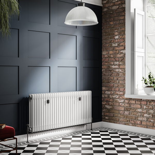 Chatsworth 600 x 1370mm Cast Iron Style 3 Column White Radiator   Matt Black Wall Stay Brackets and Thermostatic Valves