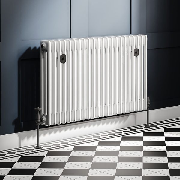 Chatsworth 600 x 1010mm Cast Iron Style 3 Column White Radiator   Matt Black Wall Stay Brackets and Thermostatic Valves - Image 8