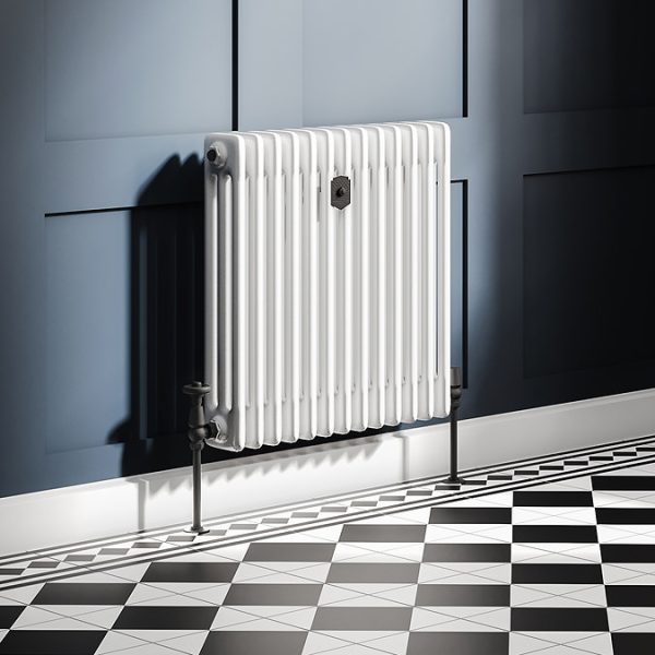 Chatsworth 600 x 605mm Cast Iron Style 3 Column White Radiator   Matt Black Wall Stay Bracket and Thermostatic Valves - Image 7