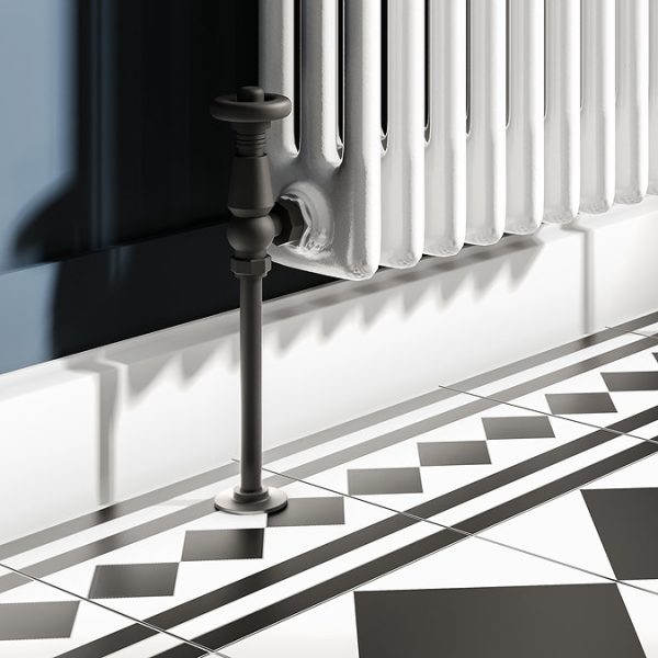 Chatsworth 600 x 1010mm Cast Iron Style 3 Column White Radiator   Matt Black Wall Stay Brackets and Thermostatic Valves - Image 2
