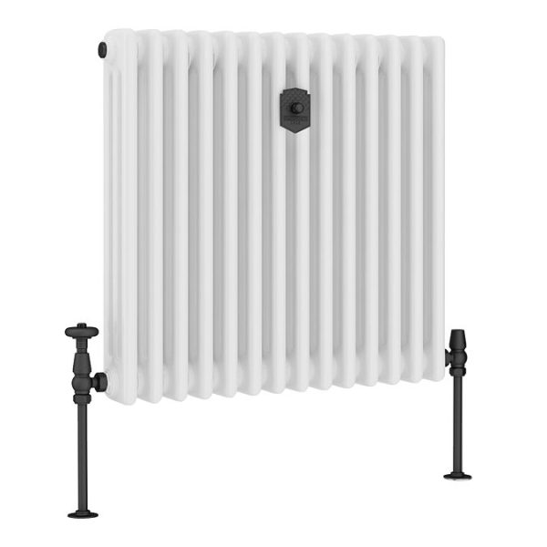 Chatsworth 600 x 605mm Cast Iron Style 3 Column White Radiator   Matt Black Wall Stay Bracket and Thermostatic Valves - Image 2
