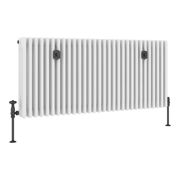 Chatsworth 600 x 1370mm Cast Iron Style 4 Column White Radiator   Matt Black Wall Stay Brackets and Thermostatic Valves - Image 7