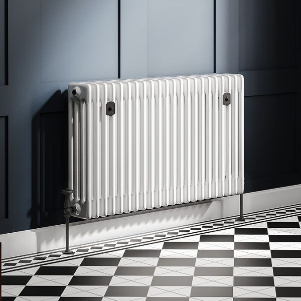 Chatsworth 600 x 1010mm Cast Iron Style 4 Column White Radiator   Matt Black Wall Stay Brackets and Thermostatic Valves - Image 2