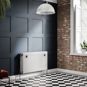 Chatsworth 600 x 1010mm Cast Iron Style 4 Column White Radiator   Matt Black Wall Stay Brackets and Thermostatic Valves