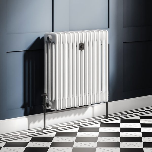 Chatsworth 600 x 605mm Cast Iron Style 4 Column White Radiator   Matt Black Wall Stay Bracket and Thermostatic Valves - Image 2