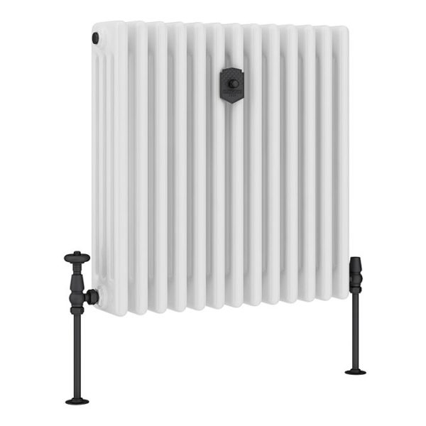 Chatsworth 600 x 605mm Cast Iron Style 4 Column White Radiator   Matt Black Wall Stay Bracket and Thermostatic Valves - Image 7