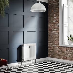Chatsworth 600 x 605mm Cast Iron Style 4 Column White Radiator   Matt Black Wall Stay Bracket and Thermostatic Valves