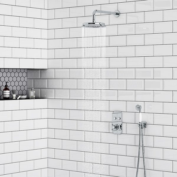 Chatsworth 1928 Traditional Push Button Shower Valve Pack with Handset + Rainfall Shower Head - Image 2