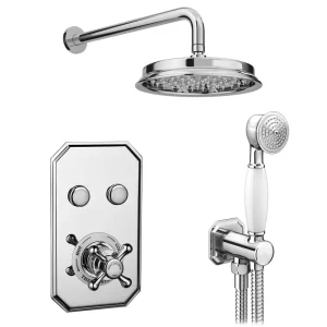 Chatsworth 1928 Traditional Push Button Shower Valve Pack with Handset + Rainfall Shower Head