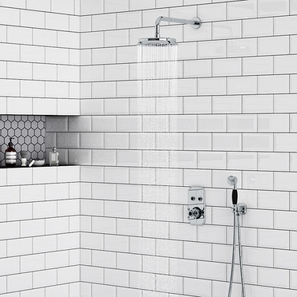 Chatsworth 1928 Black Traditional Push Button Shower Valve Pack with Handset + Rainfall Shower Head - Image 2
