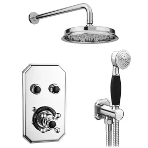 Chatsworth 1928 Black Traditional Push Button Shower Valve Pack with Handset + Rainfall Shower Head