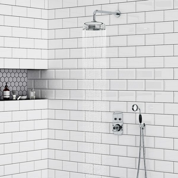 Chatsworth 1928 Black Traditional Push Button Shower System with Large Handset + 8" Rainfall Shower Head - Image 3