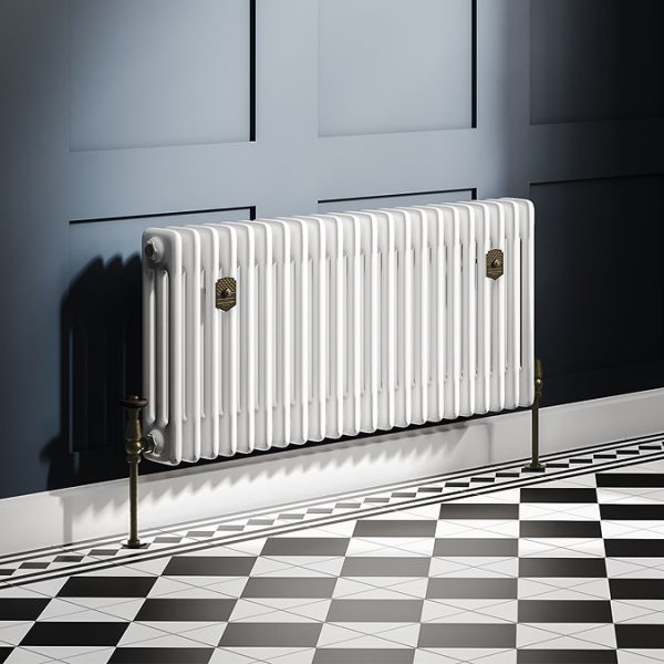 Chatsworth 450 x 1010mm Cast Iron Style 3 Column White Radiator   Rustic Brass Wall Stay Brackets and Thermostatic Valves - Image 8