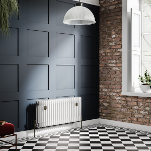 Chatsworth 450 x 1010mm Cast Iron Style 3 Column White Radiator   Rustic Brass Wall Stay Brackets and Thermostatic Valves