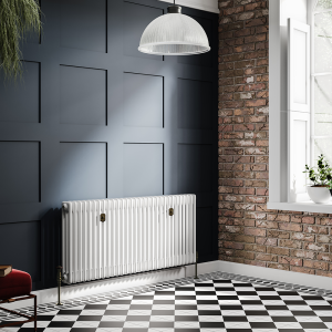 Chatsworth 600 x 1370mm Cast Iron Style 3 Column White Radiator   Rustic Brass Wall Stay Brackets and Thermostatic Valves