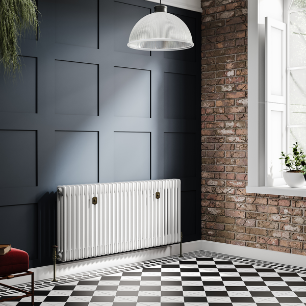 Chatsworth 600 x 1370mm Cast Iron Style 3 Column White Radiator   Rustic Brass Wall Stay Brackets and Thermostatic Valves