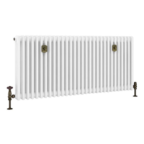 Chatsworth 600 x 1370mm Cast Iron Style 3 Column White Radiator   Rustic Brass Wall Stay Brackets and Thermostatic Valves - Image 7
