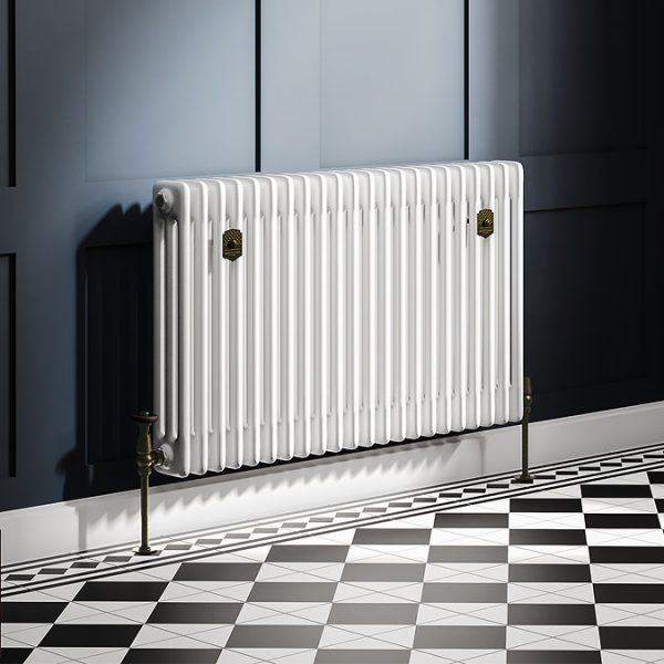 Chatsworth 600 x 1010mm Cast Iron Style 3 Column White Radiator   Rustic Brass Wall Stay Brackets and Thermostatic Valves - Image 8