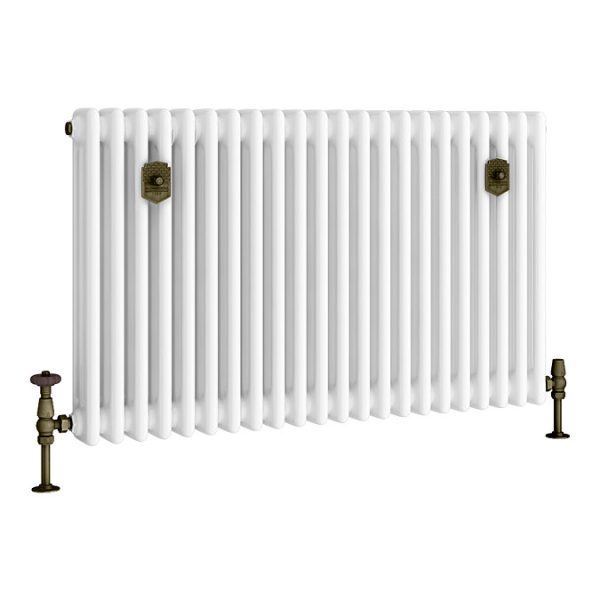 Chatsworth 600 x 1010mm Cast Iron Style 3 Column White Radiator   Rustic Brass Wall Stay Brackets and Thermostatic Valves - Image 7