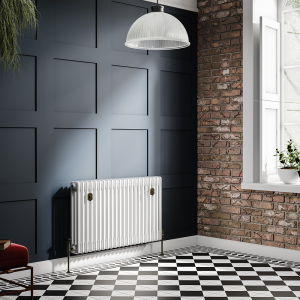 Chatsworth 600 x 1010mm Cast Iron Style 3 Column White Radiator   Rustic Brass Wall Stay Brackets and Thermostatic Valves