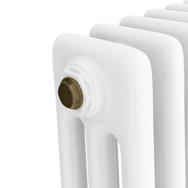 Chatsworth 600 x 1010mm Cast Iron Style 3 Column White Radiator   Rustic Brass Wall Stay Brackets and Thermostatic Valves - Image 6