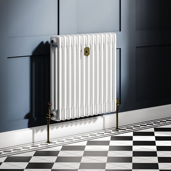 Chatsworth 600 x 605mm Cast Iron Style 3 Column White Radiator   Rustic Brass Wall Stay Bracket and Thermostatic Valves - Image 8