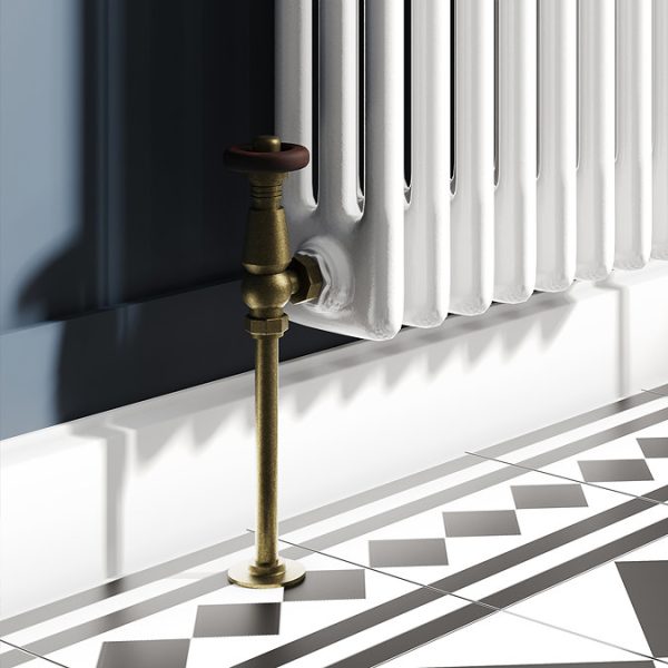 Chatsworth 600 x 1010mm Cast Iron Style 3 Column White Radiator   Rustic Brass Wall Stay Brackets and Thermostatic Valves - Image 2