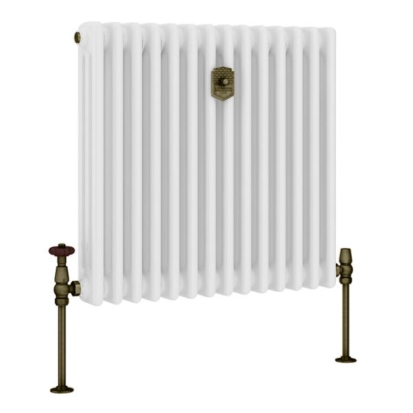 Chatsworth 600 x 605mm Cast Iron Style 3 Column White Radiator   Rustic Brass Wall Stay Bracket and Thermostatic Valves - Image 7